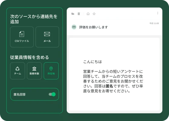 CSVファイルまたはメールアカウントの連絡先にアンケートをメール送信するオプションと、部署・勤務年数・場所などの従業員情報を含めるオプション、回答を匿名にするトグルを表示した画面。
