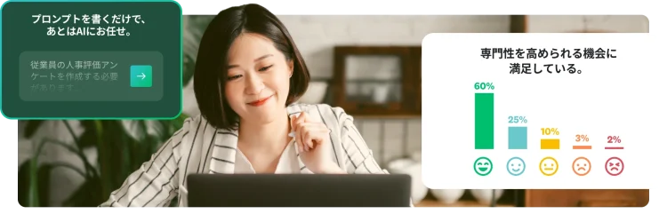 デスクでノートパソコンを見ている女性と、AIのプロンプトとアンケートのグラフが表示されたポップアップ。