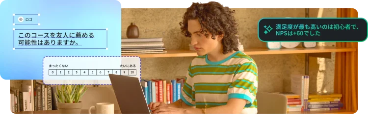 ノートパソコンを使用している人、コースを薦めるかどうか尋ねるアンケートのオーバーレイ、およびNPSスコアのコールアウト。