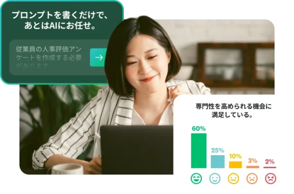 デスクでノートパソコンを見ている女性と、AIのプロンプトとアンケートのグラフが表示されたポップアップ。