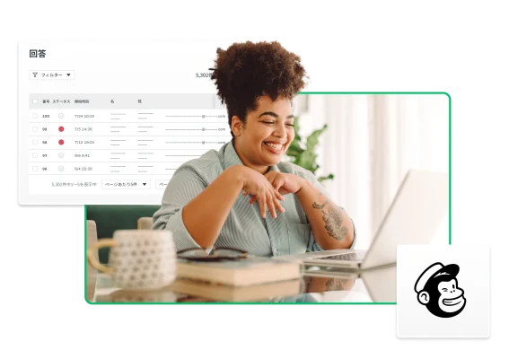 ノートパソコンを使用する女性の周りにMailchimpのロゴと製品スクリーンショット