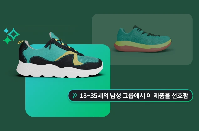 각기 다른 운동화를 보여주는 두 개의 그래픽과 그 밑에 특정 인구 통계 정보를 강조하며 ‘18~35세의 남성 그룹에서 이 제품을 선호함’이라고 표시된 텍스트 박스.