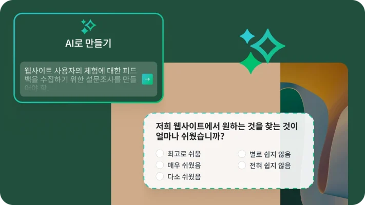 ‘AI로 만들기’라는 제목의 설문조사 생성 도구 이미지. 예시 프롬프트에 ‘웹사이트 사용자의 체험에 대한 피드백을 수집하기 위한 설문조사를 만들어야 함'이라고 표시되어 있음. 설문조사의 예시 질문은 ‘저희 웹사이트에서 원하는 것을 찾는 것이 얼마나 쉬웠습니까?’라고 표시되어 있음
