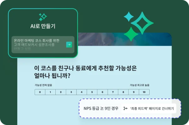 고객 애드보커시 설문조사를 만들기 위해 건너뛰기 로직과 AI 프롬프트가 적용된 NPS 추천 질문.