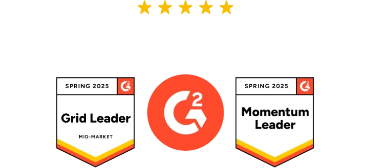 별 5개와 2025년 봄 ‘Grid Leader’ 및 ‘Momentum Leader’ 수상 배지 2개가 있는 G2 리뷰 그래픽.