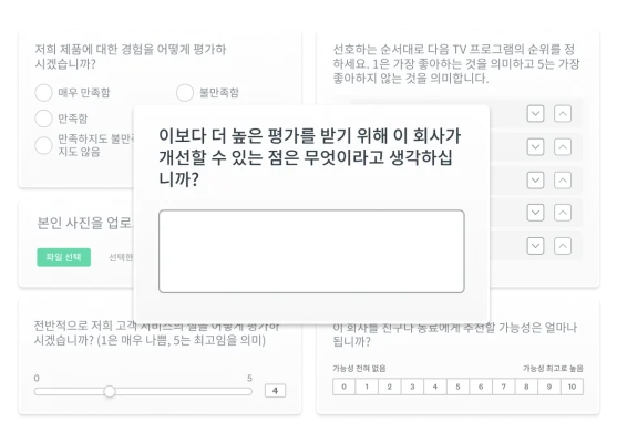 다양한 설문조사 질문 유형을 보여주는 제품 스크린샷