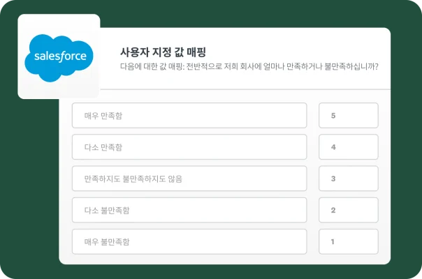 만족도 설문조사 질문의 사용자 지정 값을 Salesforce의 필드에 매핑하는 방법을 보여주는 화면.