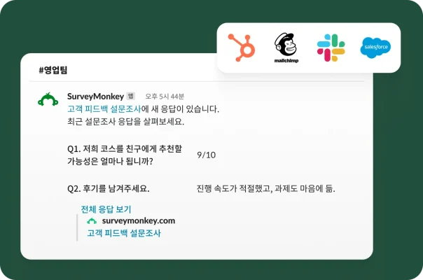 새로운 고객 설문조사 응답과 추천 점수를 보여주고 연동 서비스 로고가 표시된 Slack 알림.