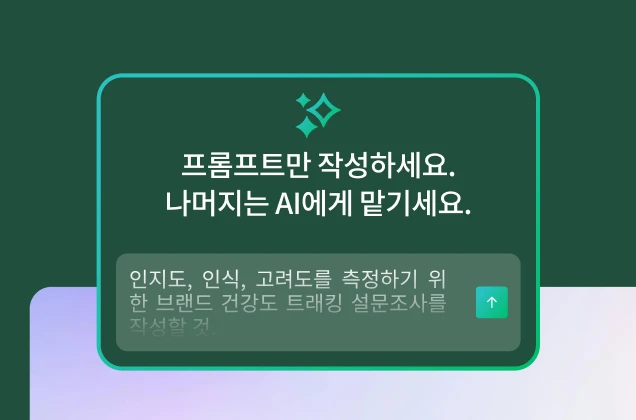 ‘프롬프트를 작성하세요. 나머지는 AI에게 맡기세요’라는 제목이 있는 초록색 박스. 박스 하단의 프롬프트란에 표시된 ‘인지도, 인식, 고려도를 측정하기 위한 브랜드 건강도 트래킹 설문조사를 만드세요’라는 예시 이미지.