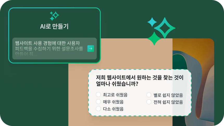 ‘AI로 만들기’라는 제목의 사용자 인터페이스 화면. 예시 프롬프트는 ‘웹사이트 사용 경험에 대한 사용자 피드백을 수집하기 위한 설문조사를 만들어 줘’임. ‘저희 웹사이트에서 원하는 것을 찾는 것이 얼마나 쉬웠습니까?’라고 묻는 샘플 설문조사 질문이 답항 목록과 함께 표시됨.