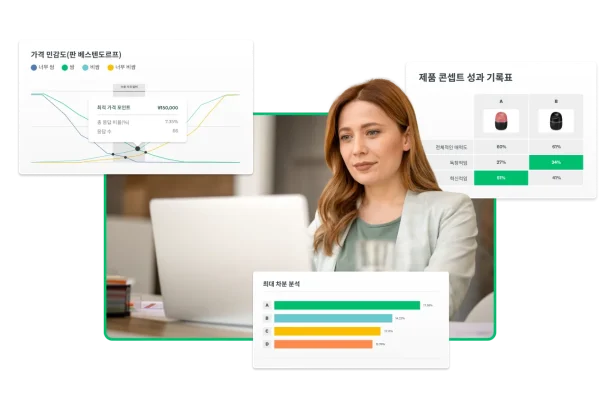 제품 성과 기록표, 가격 민감도 차트, 최대 차분 분석 스크린샷 옆에서 노트북으로 작업 중인 여성