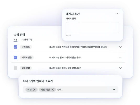 메시지 테스트의 다양한 단계(메시지 추가, 속성 선택, 최대 5개의 벤치마크 추가)를 보여주는 스크린샷