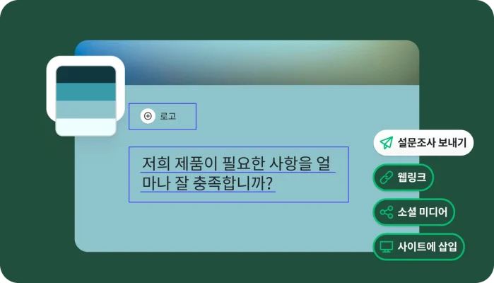 설문조사를 보내거나, 링크를 받거나, 소셜 미디어를 통해 공유하거나, 사이트에 삽입하는 옵션과 함께 제품이 고객의 필요 사항을 얼마나 잘 충족하는지 묻는 질문으로 설문조사를 만드는 화면