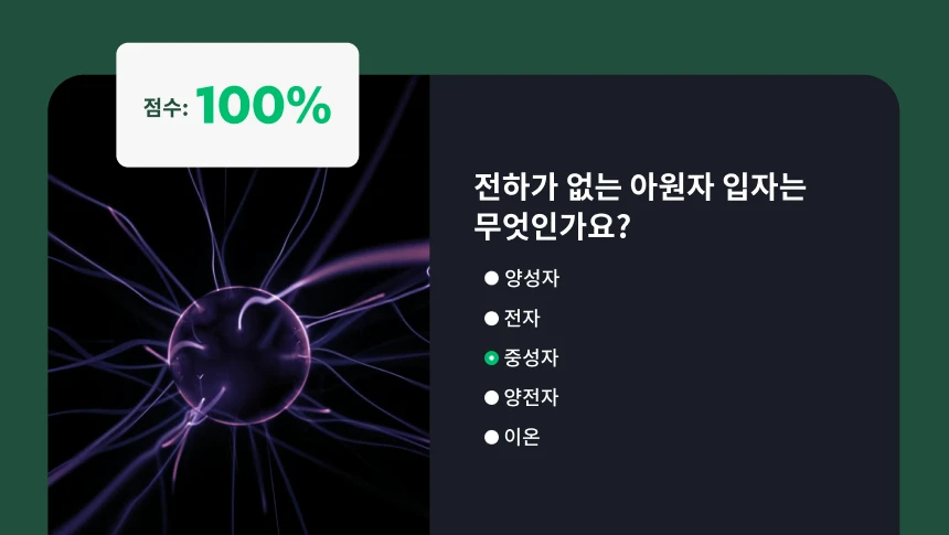 플라즈마 볼 배경과 100% 점수가 함께 표시된 아원자 입자에 대한 과학 퀴즈 질문.