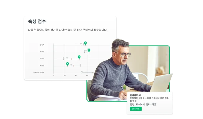 속성 점수를 보여주는 그래프 옆에서 노트북으로 작업 중인 남성