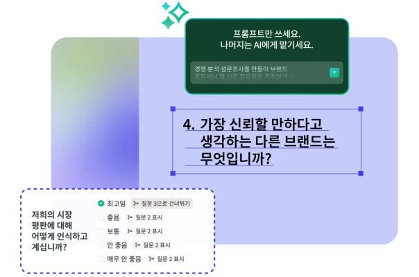 자동으로 질문이 생성되도록 사용자가 프롬프트를 입력하여 경쟁사 분석 설문조사를 만드는 것을 보여주는 AI로 만들기 기능
