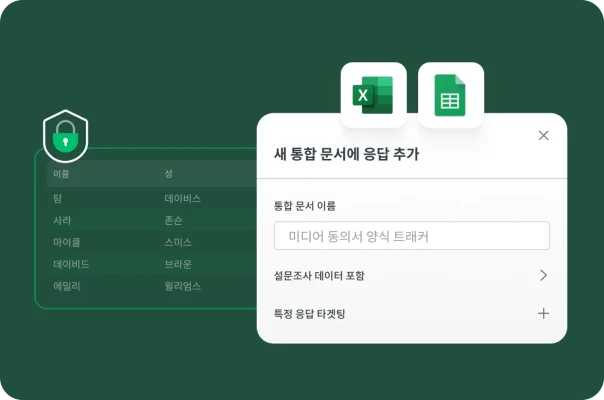 이름 목록과 함께 양식 옆에 있는 보안 아이콘. Excel 및 Google Sheets에 대한 옵션과 함께 ‘통합 문서에 응답을 추가’하라는 팝업.
