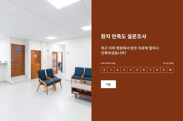 ‘최근 저희 병원에서 받은 치료에 얼마나 만족하셨습니까?’라고 묻는 ‘환자 만족도 설문조사’ 양식이 빈 병원 대기실 사진 옆에 표시되어 있음.