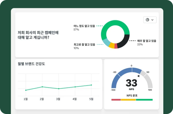 결과를 보여주는 원 그래프와 함께 최근 캠페인을 인지하고 있는지 묻는 설문조사 질문, 그 옆의 월별 브랜드 건강도를 보여주는 선 차트와 NPS 점수 33점
