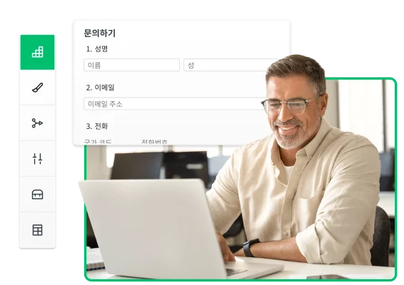 책상 앞에 앉아 노트북을 사용 중인 남성과 그 주위에 떠 있는 제품 스크린샷