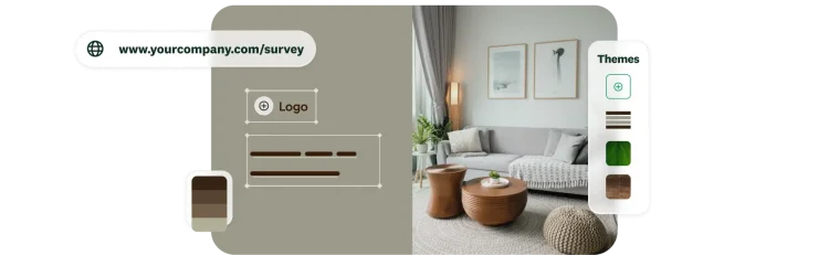 Custom survey builder interface showcasing custom domains, logo branding, and theme options