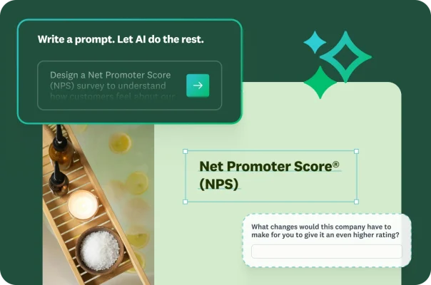 Modal asking user to write a prompt and let AI do the rest, with the prompt that says design a NPS survey to understand how customers feel, next to a screenshot of an NPS survey that asks what changes would this company have to make for you to give it an even higher rating