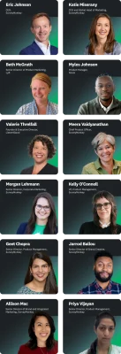 Speaker headshots from left to right of Eric Johnson, CEO of SurveyMonkey, Katie Miserany, CCO and Global Head of Marketing SurveyMonkey, Beth McGrath, Senior Director of Product Marketing Lyft, and Myles Johnson, Product Manager Noom, Valerie Threlfall, Founder and Executive Director Listen4Good, Meera Vaidyanathan Chief Product Officer SurveyMonkey, Morgan Lehmann Senior Director Corporate Marketing SurveyMonkey, and Kelly O Connell, VP Product Management SurveyMonkey, Jarrod Ballou Senior Director of Brand Creative SurveyMonkey, Allison Mac Senior Director of Brand and Integrated Marketing SurveyMonkey, Geet Chopra Senior Director Product Management SurveyMonkey, Priya Vijayan Senior Director Product Management SurveyMonkey