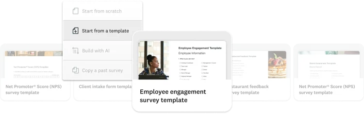 Screenshot of various SurveyMonkey survey templates, including employee engagement survey template and NPS survey template