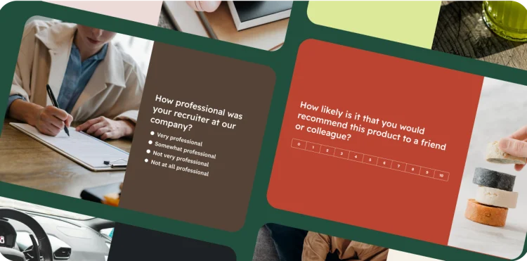 A collage of various questionnaire templates. One asks about a recruiter's professionalism, another asks how likely someone is to recommend a product, and another asks about how often someone drives luxury cars.