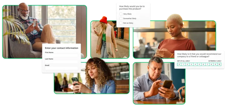 Photos of different people looking at their phones, with screenshots of survey questions next to them