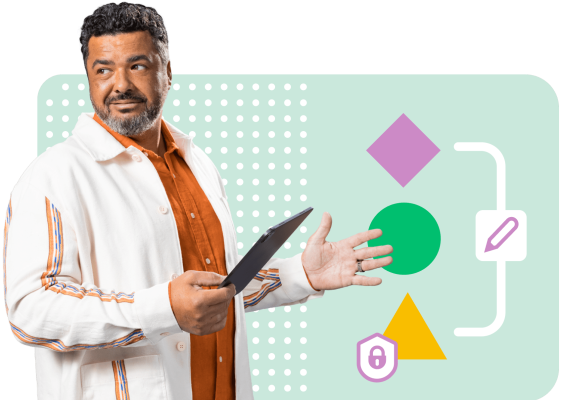 En man håller i en surfplatta. Bredvid honom visas en ikon av en blyertspenna och en ikon av ett hänglås, som visar på säkerhet