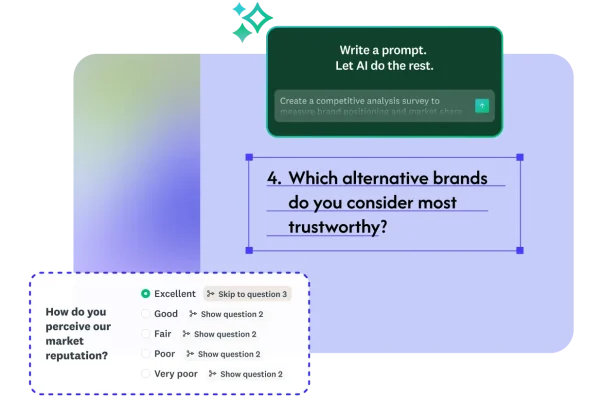 Build with AI showing user creating a competitive analysis survey with just typing in a prompt, where questions were generated automatically