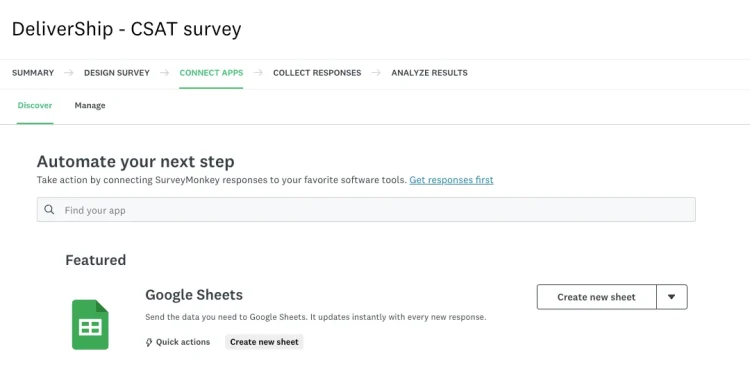 Screenshot of the Google Sheets connect app in SurveyMonkey