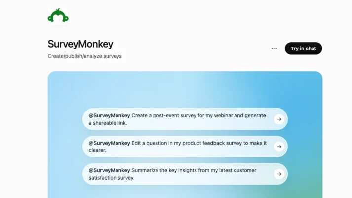 SurveyMonkey ChatGPT integration interface showing prompt examples to create, edit, and summarize surveys using AI