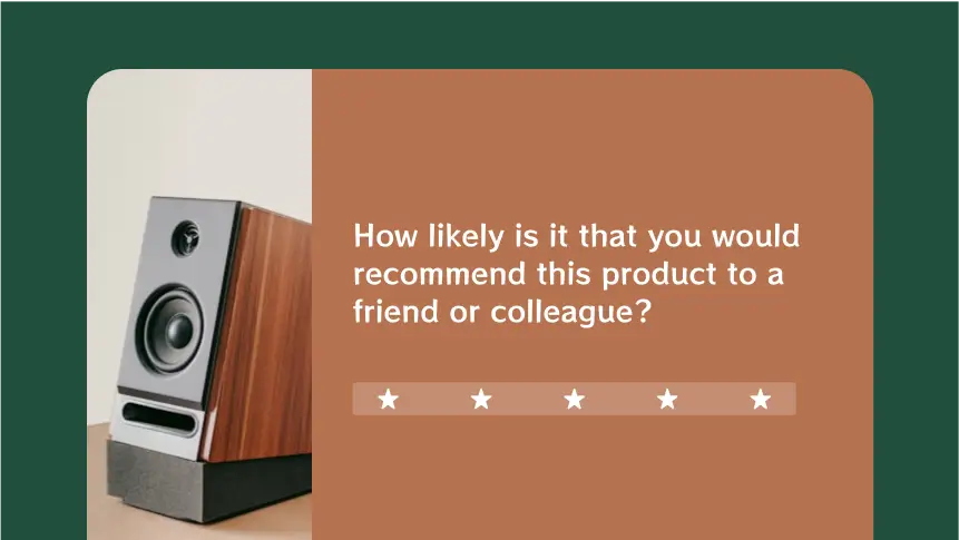 A five-star product recommendation survey with an image of a speaker.