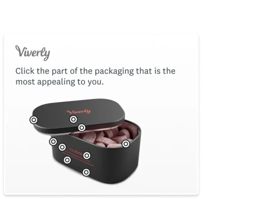 Survey asking user to click on the part of the packaging that looks most appeal