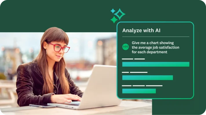 A professional woman wearing red glasses is working on her laptop. An overlay shows a graphic titled "Analyze with AI." Below the title is a prompt that says, "Give me a chart showing an average job satisfaction for each department," with a series of horizontal bars representing the data.