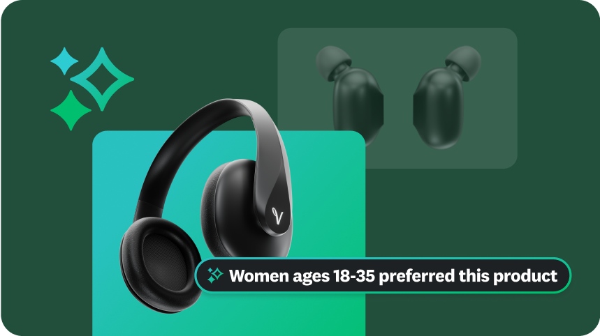 A graphic featuring black headphones. A glowing box overlays the image with the text, "Women ages 18-35 preferred this product," highlighting a specific insight.
