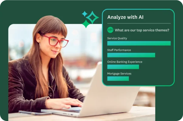 A woman is working on a laptop. An overlay shows an "Analyze with AI" panel with a prompt asking, "What are our top service themes?" and a bar chart with themes like "Service Quality" and "Staff Performance."