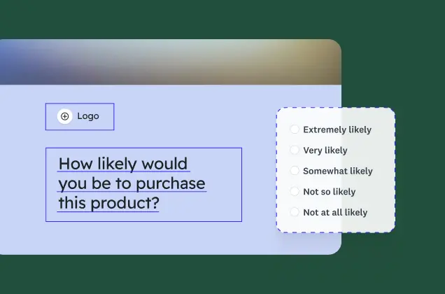 A survey form with the question, "How likely would you be to purchase this product?" with a five-point rating scale. A placeholder for a logo is visible.