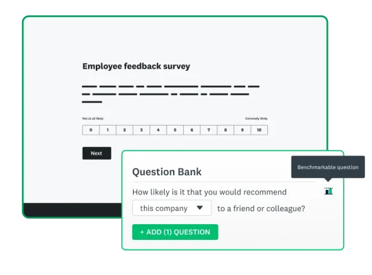 Screenshot of an employee feedback survey next to question bank feature