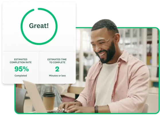 Smiling man typing on laptop next to screenshot of SurveyMonkey Genius showing estimated completion rate and amount to time to finish a survey