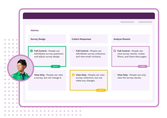 Screenshot of admin settings in SurveyMonkey, that show different users with different permissions for survey creation and analysis access