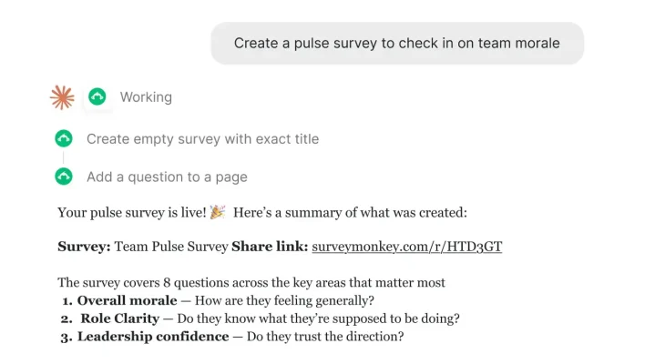 User asking Claude to create a pulse survey to check in on team morale after the reorg, and Claude creating a survey and providing the share link, along with a summary of the survey questions