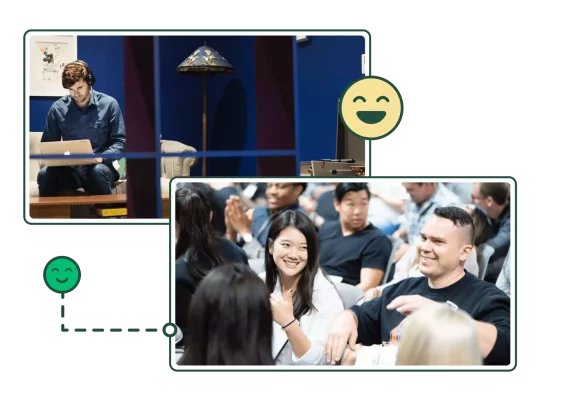 An employee with headphones on looking at a laptop, and a group of employees at an event