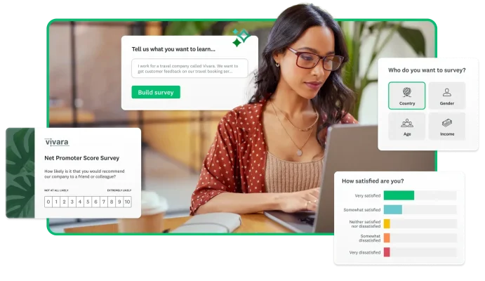 Woman working on laptop, surrounded by various screenshots from SurveyMonkey, including survey creation, AI insights, and analytics