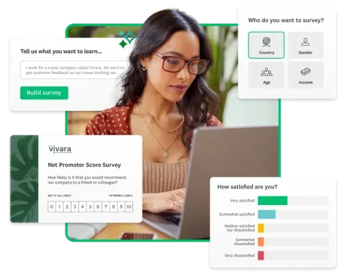 Woman working on laptop, surrounded by various screenshots from SurveyMonkey, including survey creation, AI insights, and analytics