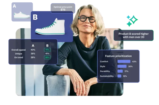 Woman sitting on sofa, next to scorecard showing results from product concept test for sneakers, and maxdiff bar graph results