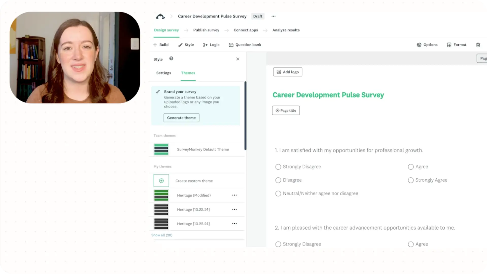 Instructor demonstrates how to customize a Career Development Pulse Survey using themes in the SurveyMonkey survey builder.
