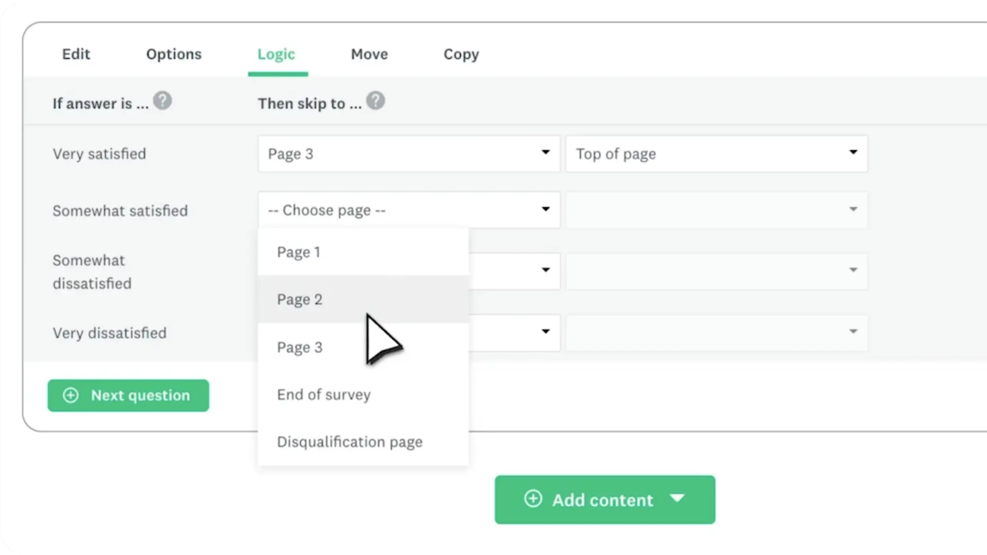 SurveyMonkey survey builder showing skip logic settings that route respondents to different survey pages based on their answers.
